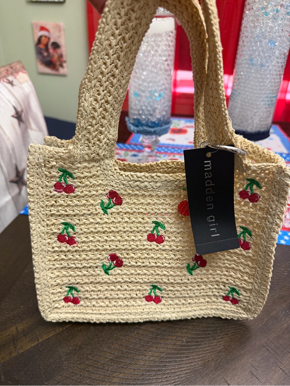 Madden Girl Beige Straw Tote with Red Cherry Embroidery